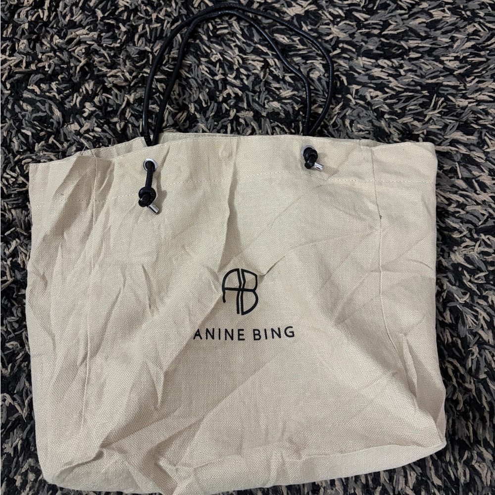 Anine Bing Lara Medium Tote Bag Natural Cotton Canvas Black Leather Logo Handbag